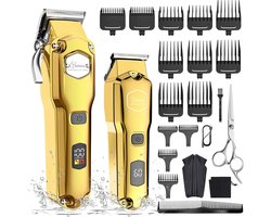 Hatteker Professionele Tondeuse Set voor Heren – Baardtrimmer & Haartrimmer – Met Schaar & Kapperscape – IPX7 Waterdicht – USB Oplaadbaar – T-Blade Trimmer(Goud)