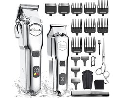 Hatteker Professionele Tondeuse Set voor Heren – Baardtrimmer & Haartrimmer – Met Schaar & Kapperscape – IPX7 Waterdicht – USB Oplaadbaar – T-Blade Trimmer(Zilver)