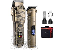 HATTEKER Tondeuse en 4-in-1 Trimmer Set – Haar- en Baardtrimmer, Precisietrimmer, Neushaartrimmer, Lichaamshaartrimmer – Opbergcase – Cadeau voor Mannen – Bronzen