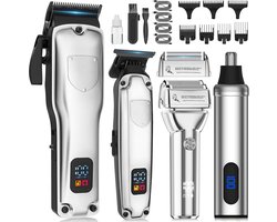 OKWISH Tondeuses - 4-in-1 Haartrimmer Set voor Heren, Draadloze Baardtrimmer, Neustrimmer en Haartrimmer, Oplaadbaar, Zilver, RVS