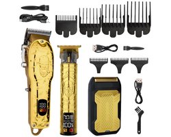 Professionele tondeuseset voor mannen, elektrisch scheerapparaat, scheerapparaat, draadloos haarknippen, kapperstondeuse, baardtrimmer, verzorgingsset voor mannen (goud)