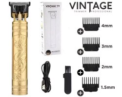 Vintage T9 Tondeuse - Draadloze T-Blade Tondeuse Mannen - USB - Inclusief oplader - Trimmer - Haarsnijmachine - Baardhaar trimmer - Goud - Hoofdhaar trimmer - Mannen - Fade - 4 Maten - Clips - Inclusief handleiding