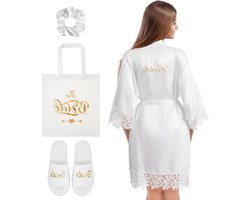 Allecto Plus - Set van 4 cadeaus voor de bruid inclusief ochtendjas, pantoffels, tas en haarscrunchie - Huwelijksaanzoek bruidsdouche - Luxe cadeauset voor bruid - Bruiloft accessoires
