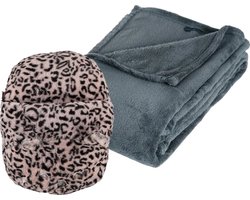 Apollo - Fleece deken blauwgrijs 125 x 150 cm met voetenwarmer slof cheetah one size