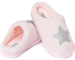 Dames Winterpantoffels met Hartjes en Ster, Warme Pluche Slippers met Voetbed en Antislip