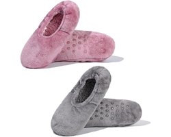 Damesslippers en sokken, 2 paar per verpakking, met antislipzool, zacht en comfortabel, warme winterslippers voor thuisgebruik, maat 38-40 (one size fits all).
