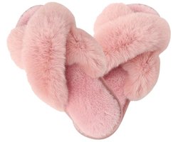 Pluizige kruisband huispantoffels - Fuzzy open teen slip-on huisschoenen voor binnen en buiten