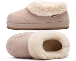 Warme Dames Pantoffels Beige - Pluche Gevoerde Huislaarzen met Lamswol Effect - Comfortabel en Zacht