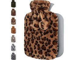 Warmwaterkruik met Luxe Pluche Hoes - 1.8L - Verlichting van Rug-, Nek- en Schouderpijn - Ideaal als Cadeau - Bruin Luipaard Motief