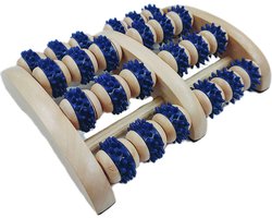 Voetmassageroller met 8 rollers - hout met blauwe rubberen noppen