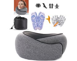 WoodyDoody Nekkussen Sjaalkussen met Reflexologie SET - Reiskussen – Massagekussen voor op Reis - Vliegtuig Ontspanning Wellness Ervaring - Auto - Traagschuim - Memory Foam met Sluiting 360 Graden Ondersteuning voor Volwassenen en Kinderen - Grijs