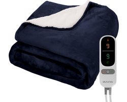 Auronic Elektrische Deken - 180 x 130 cm - 1 Persoons Warmtedeken - 9 Warmte en Timerstanden - Verwarmingsdeken - Sherpa Fleece - Blauw