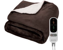 Auronic Elektrische Deken - 180 x 130 cm - 1 Persoons Warmtedeken - 9 Warmte en Timerstanden - Verwarmingsdeken - Sherpa Fleece - Bruin