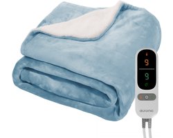 Auronic Elektrische Deken - 180 x 130 cm - 1 Persoons Warmtedeken - 9 Warmte en Timerstanden - Verwarmingsdeken - Sherpa Fleece - Lichtblauw