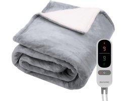Auronic Elektrische Deken - 200 x 180 cm - 2 Persoons Warmtedeken - 9 Warmte en Timerstanden - Verwarmingsdeken - Sherpa Fleece - Grijs