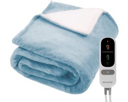 Auronic Elektrische Deken - 200 x 180 cm - 2 Persoons Warmtedeken - 9 Warmte en Timerstanden - Verwarmingsdeken - Sherpa Fleece - Lichtblauw