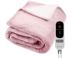 Auronic Elektrische Deken - 200 x 180 cm - 2 Persoons Warmtedeken - 9 Warmte en Timerstanden - Verwarmingsdeken - Sherpa Fleece - Roze