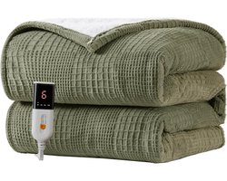 Elektrische Deken 130x180 cm - Grijs/Groen, 9 Warmtestanden, 10 uur automatische uitschakeling, Digitale Afstandsbediening, Machinewasbaar