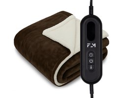 FlowMotion Luxe XL Elektrische Warmtedeken 180x130cm - Bruin/Wit - Elektrische Deken met 9 Warmtestanden - Bovendeken met Timer – Verwarmde Deken 160W – Fleece Verwarmingsdeken