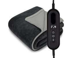 FlowMotion Luxe XL Elektrische Warmtedeken 180x130cm - Grijs/Antraciet - Elektrische Deken met 9 Warmtestanden - Bovendeken met Timer – Verwarmde Deken 160W – Fleece Verwarmingsdeken