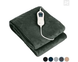 Nuvoo Elektrische Warmtedeken - Fleece - 160x120 cm - XL - Automatische Uitschakeling - Oververhittingsbescherming - 3 Standen - 120W - Bovendeken - Grijs/Groen