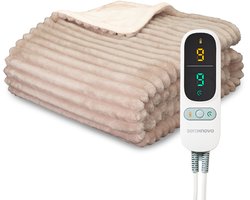 Seranova Elektrische Deken XXL - Extra Warmtedraden - Gestreept Model - 180x160 cm - 2 persoons Warmtedeken - Dubbelzijdig Fleece - Beige