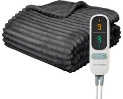 Seranova Elektrische Deken XXL - Extra Warmtedraden - Gestreept Model - 180x160 cm - 2 persoons Warmtedeken - Dubbelzijdig Fleece - Grijs