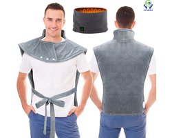 HAIDU Warmtekussen – voor Schouder en Rug – Inclusief Nekwarmer en Powerbank – Elektrische Deken – Wasbaar – 10 Warmtestanden – Timer – Grijs