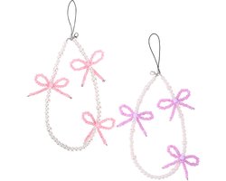 2 stuks kralen telefoonhangers met strikjes, universele esthetische delicate schattige parel strik kralen telefoon polsband voor tas camera oordopjes hoesjes decoratie (roze en paars)