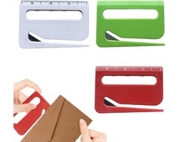3-in-1 briefopener met liniaal en vergrootglas in rood, blauw en wit, ideaal voor efficiënt openen van post, snijden van papier en nauwkeurig meten