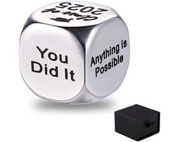 Afstudeerbeslissingsdobbelstenen, 1,5 cm, klas van 2025, dobbelstenen met inspirerende woorden, metalen cadeau voor positieve ondersteuning, afstudeerfeestdecoraties voor haar en hem, schooldiploma-uitreiking