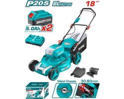 Grasmaaier - Incl. 2 x Lithium ion 5,0ah 20V - 2800rpm - 46 cm maaidiameter - Stalen body 60L opvangcapaciteit - 30-80mm maaihoogte capaciteit - 8 hoogtestanden - 3 maaifuncties - Inclusief 2x accu, 1x lader & 3x accessoires