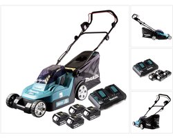 Makita DLM 382 PT4 accugrasmaaier 36 V ( 2x 18 V ) 38 cm 40 l + 4x accu 5.0 Ah + dubbele lader