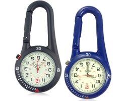 Pakket van 2 karabijnhaakhorloges, zakhorloge met karabijnhaakbevestiging, waterdichte karabijnhaakhorloges, zusterhorloge, lichtgevend analoog quartzhorloge, karabijnhaakhorloge voor fietsers, klimrugzak