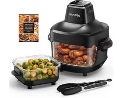 AIRMSEN-Draagbare Airfryer - Panoramisch Glas - 1500W - Inclusief 2 Containers met Deksel (4.5L & 1.2L) - Tot 230°C - 4 Kookprogramma's