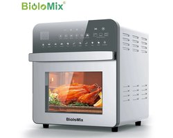BioloMix Airfryer Oven 15L van RVS - Heteluchtfriteuse & Mini Oven met Dubbele Verwarming - Olievrij Frituren - Oven, Broodrooster, Draaispit & Dehydrator - Transparante Touchscreen Oven - 1700W - Groot Formaat voor Gezin