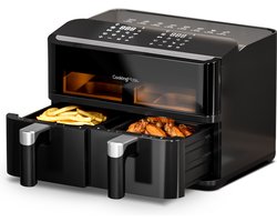 CookingMate Dubbele Airfryer - Dual Zone - 9L - Airfryer XXL - Heteluchtfriteuse - 2 x 4.5L - 10 Kookprogramma's - Friteuse - Dubbele Mand Airfryers - Zwart