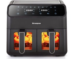 Digitale Airfryer XXL 9L Sinaopus 901 – Heteluchtfriteuse met Dubbele Mand en DualMand Onafhankelijke Snelle Opwarming – Voor Gezinnen – 10 Programma’s – Kijkvenster – Makkelijk te Reinigen – Capaciteit voor 5 Personen