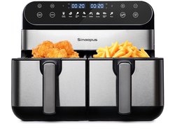 Digitale Airfryer XXL 9L Sinaopus 920 – Heteluchtfriteuse met Dubbele Mand en DualMand Onafhankelijke Snelle Opwarming – Voor Gezinnen – 8 Programma’s – LED Touchscreen – Kijkvenster – Makkelijk te Reinigen – Capaciteit voor 7 Personen