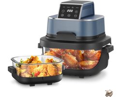 Draagbare Heteluchtfriteuse Set - 4 in 1 Airfryer - Bakken Recrisp en Max Crisp Functie - 4L en 1 5L Capaciteit - Compacte Airfryer met Afneembare Glazen Trays en Deksel - Heteluchtfriteuse voor 6 Porties Blauw - Airfryer - Friteuse - Heteluchtoven