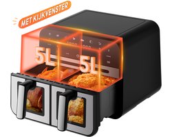 Dubbele Airfryer XXL 10L (2×5L) – 8 Automatische Programma’s – Grote Capaciteit voor 6 Personen – 2500W Krachtig Vermogen – Dual-Zone 2 Manden met SYNC Technologie – Gezond Frituren Zonder Olie – Met Kijkvenster – Zilver