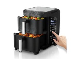 Dubbele Airfryer XXL 11L - 12 Modes - BPA & PFAS Vrij - Dual Heteluchtfriteuse XL met Slimme Functies: Smart Finish & Match Cook 60–200°C - Makkelijk in Onderhoud - Vaatwasserbestendige Manden - Antiaanbaklaag - Tot 8 Personen - Zwart - Löwenthal