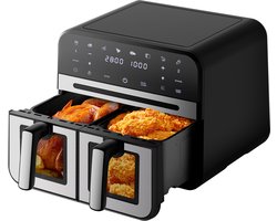 Fukstern Airfryer 10L Grote Capaciteit – 2500W – Dubbele Airfryer met SYNC Technologie – 2×5L Dual-Zone Manden – Geschikt voor 6 Personen – 8 Programma’s – Zilver