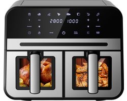 Fukstern Airfryer XXL – Dubbele Airfryer met SYNC Technologie – 2×5L Dual-Zone Manden – 2500W – Geschikt voor 6 Personen – 8 Programma’s – Zilver