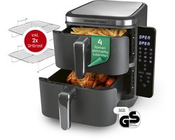 GOURMETmaxx FryUp Verticale heteluchtfriteuse met dubbele kamer, verticale airfryer, inklapbaar touchscreen, 32% ruimtebesparend, inhoud 10 liter, heteluchtfriteuse, 2 kamers