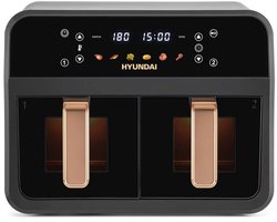 Hyundai Electronics - Digitale Airfryer Duo - Hetelucht friteuse - 6.2 Liter - Met dubbele mand en doorkijkvensters - Zwart met roségoud