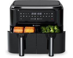 KitchenBrothers Dubbele Airfryer - 2400W - 9L - Heteluchtfriteuse - Dual Zone - Dubbele Mand - 50ºC tot 200ºC - 10 Kookprogramma's - Zwart