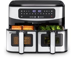 KitchenBrothers Dubbele Airfryer - 2400W - Dual Zone - 9L - Heteluchtfriteuse - Airfryer XXL - 2 x 4.5L - 10 Kookprogramma's - RVS/Zwart
