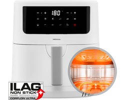MEDION P10 XL Airfryer (6,8 liter XXL heteluchtfriteuse, 2.150 watt, twee roestvrijstalen verwarmingselementen, schudalarm, 9 automatische programma's, touch bedieningspaneel, LED-display) wit