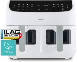 MEDION P20 XXL Heteluchtfriteuse met dubbele kamer (8,7 L, Airfryer, 2.600 W, 10 automatische programma’s, 2 lades, kijkvenster, Dual Cook & Sync Finish) mat
